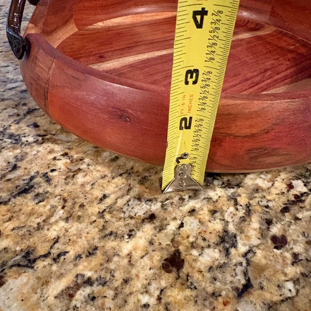 VTG Acacia Wood Serving‎ Tray Bronze Metal Handles Rustic Farmhouse Centerpiece